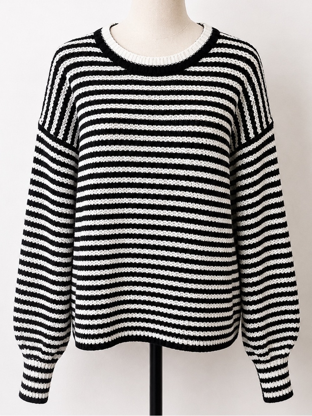 JODIFL Black and White Striped Scoop Neck Sweater